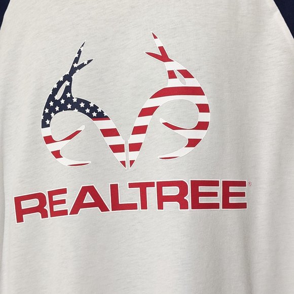 RealTree Men's White w/Blue Sleeve Americana Logo Baseball Tee Size L - Picture 2 of 6